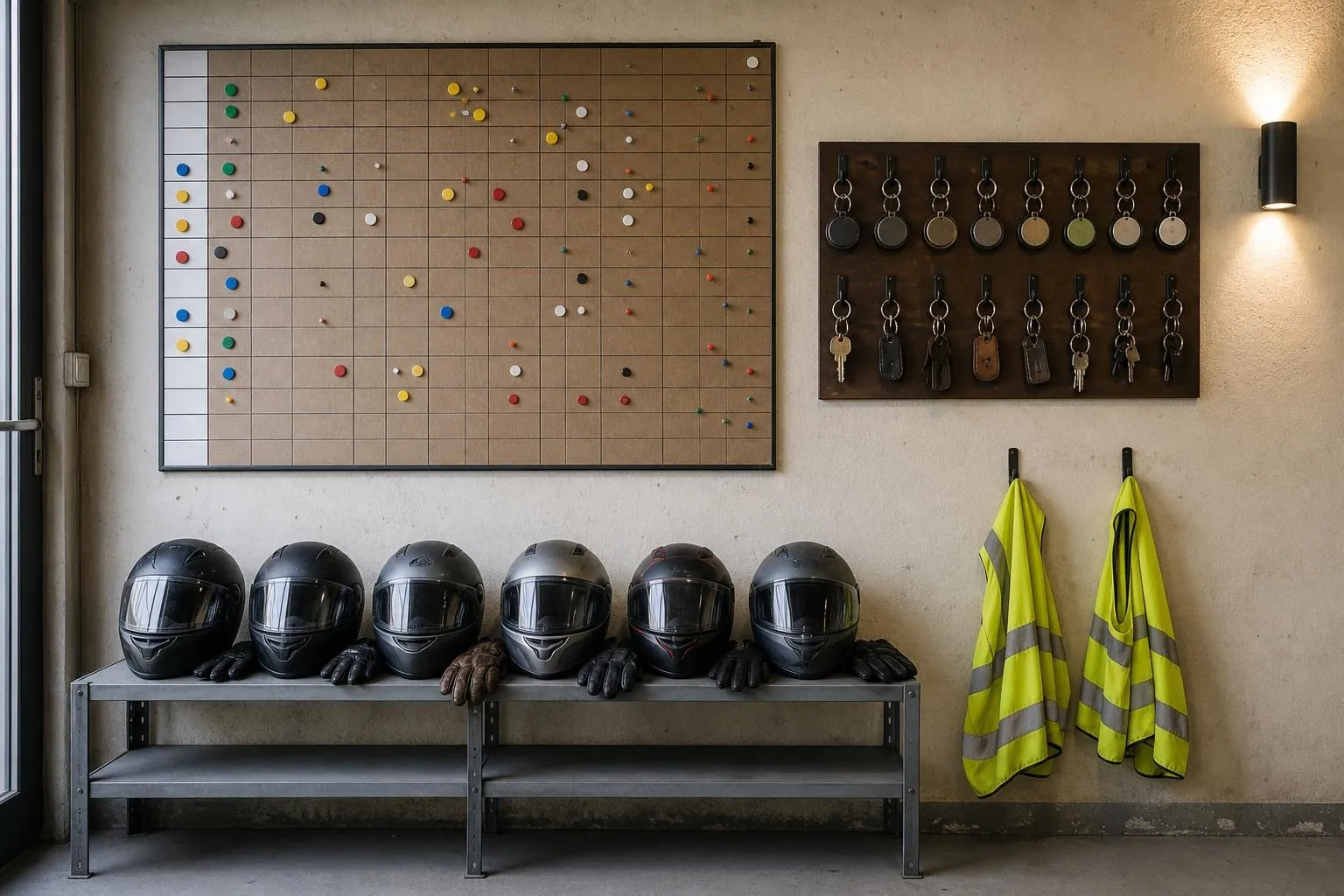 Le mur d’un local de moto école avec un planning mural cartonné, des clés suspendues et des casques alignés sur une étagère