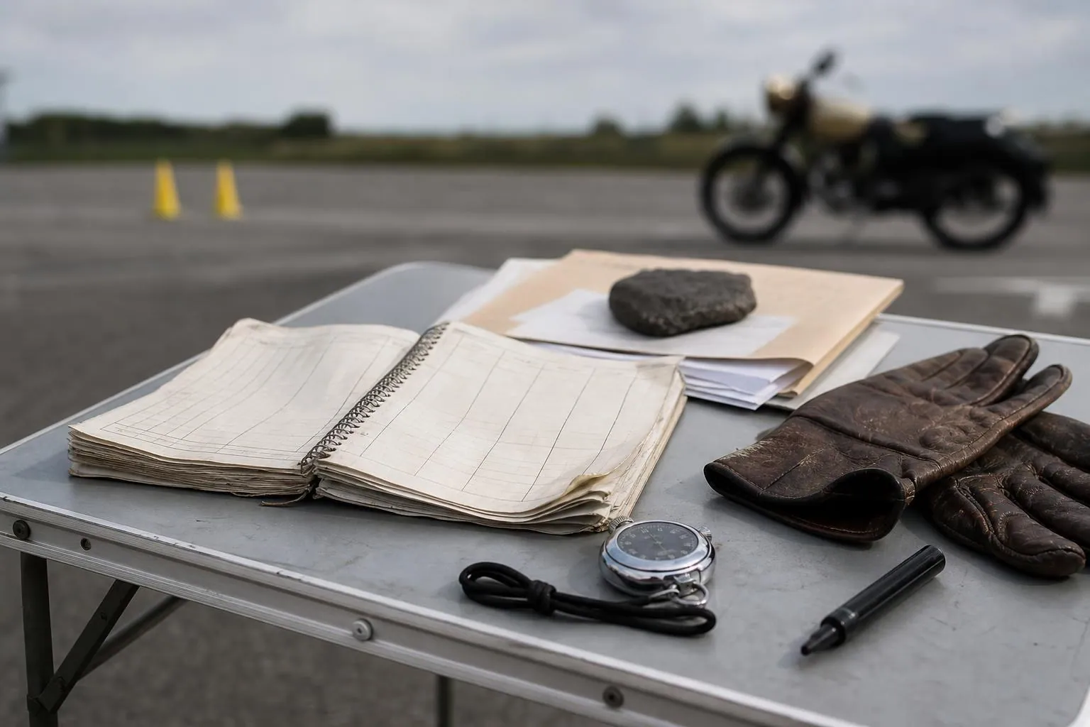Une table pliante en bord de piste supporte un carnet gondolé, une chemise cartonnée et un chronomètre à cordon