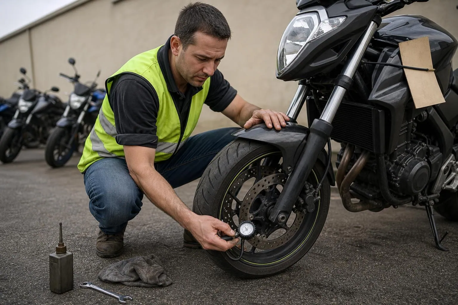 Un enseignant moto vérifie la pression d’un pneu avant sur une moto école, une fiche cartonnée glissée sous la sangle du réservoir