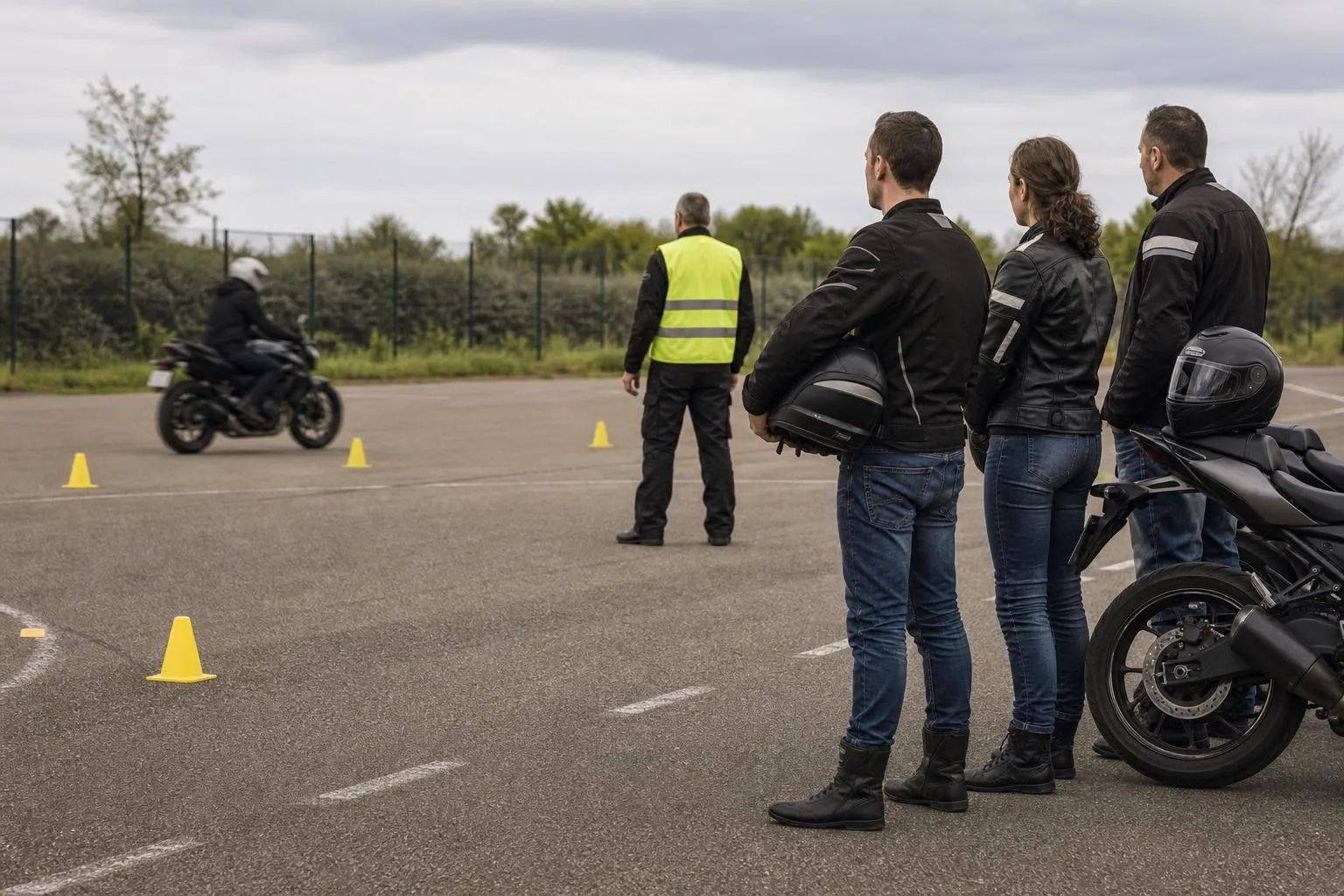 Trois élèves motards attendent leur tour en bord de piste pendant qu’une moto passe en mouvement flou entre les plots