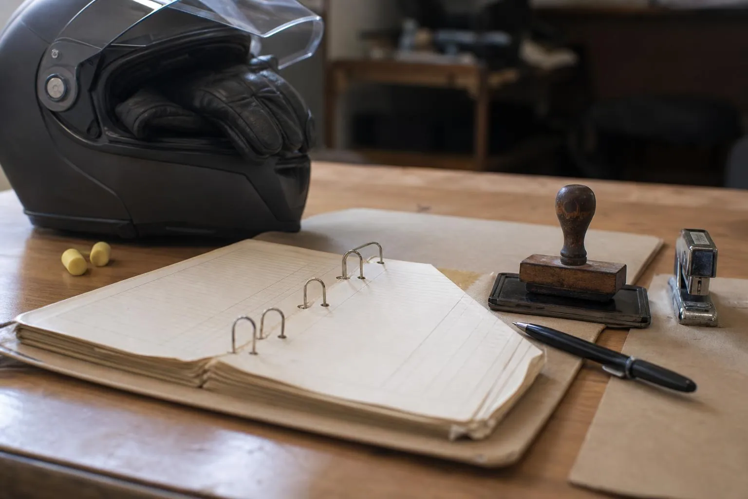 Un classeur à anneaux ouvert et un tampon encreur posés sur le bureau d’une moto école, à côté d’un casque intégral