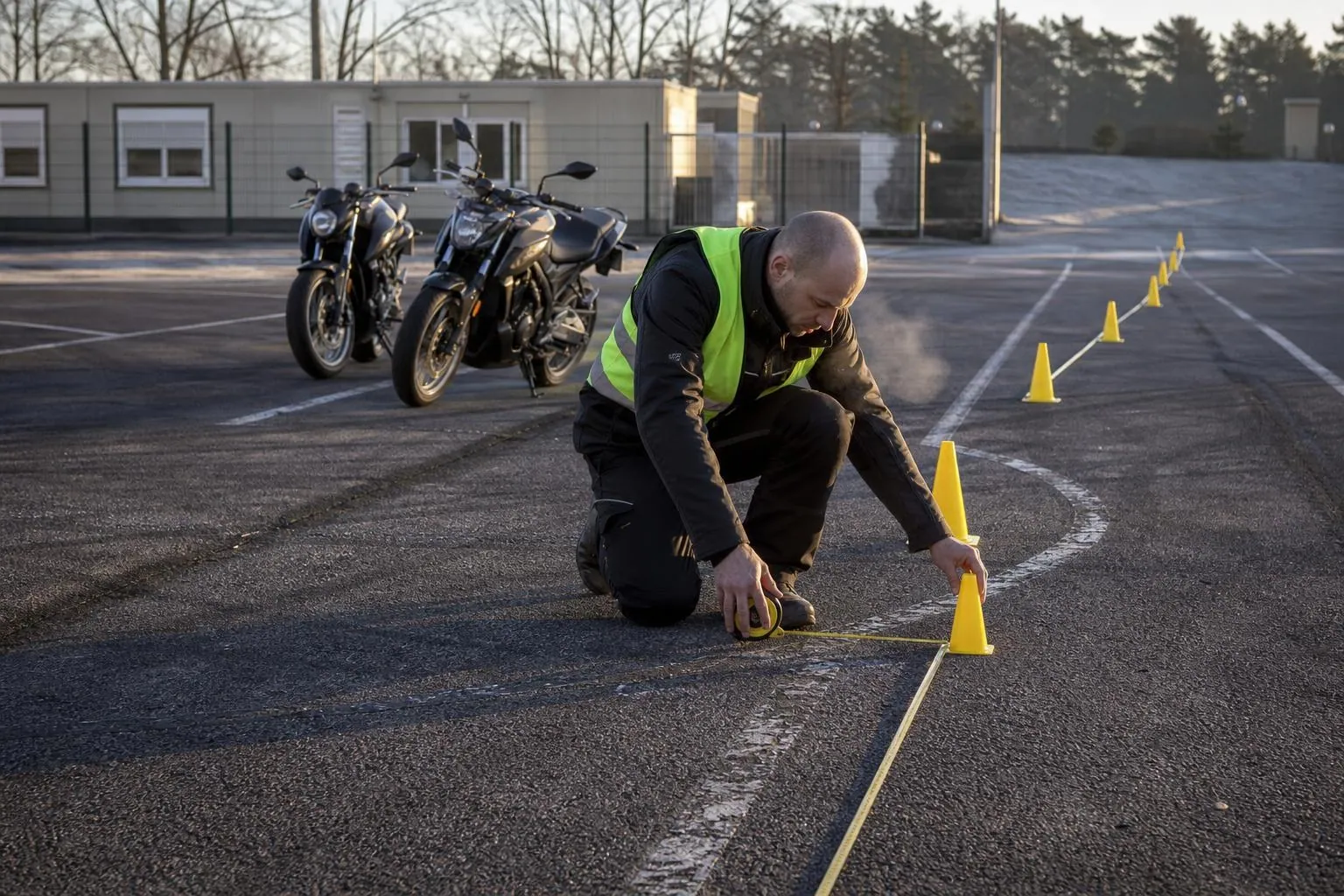 Un enseignant moto accroupi aligne un plot jaune au décamètre sur le bitume d’une piste plateau, tôt le matin