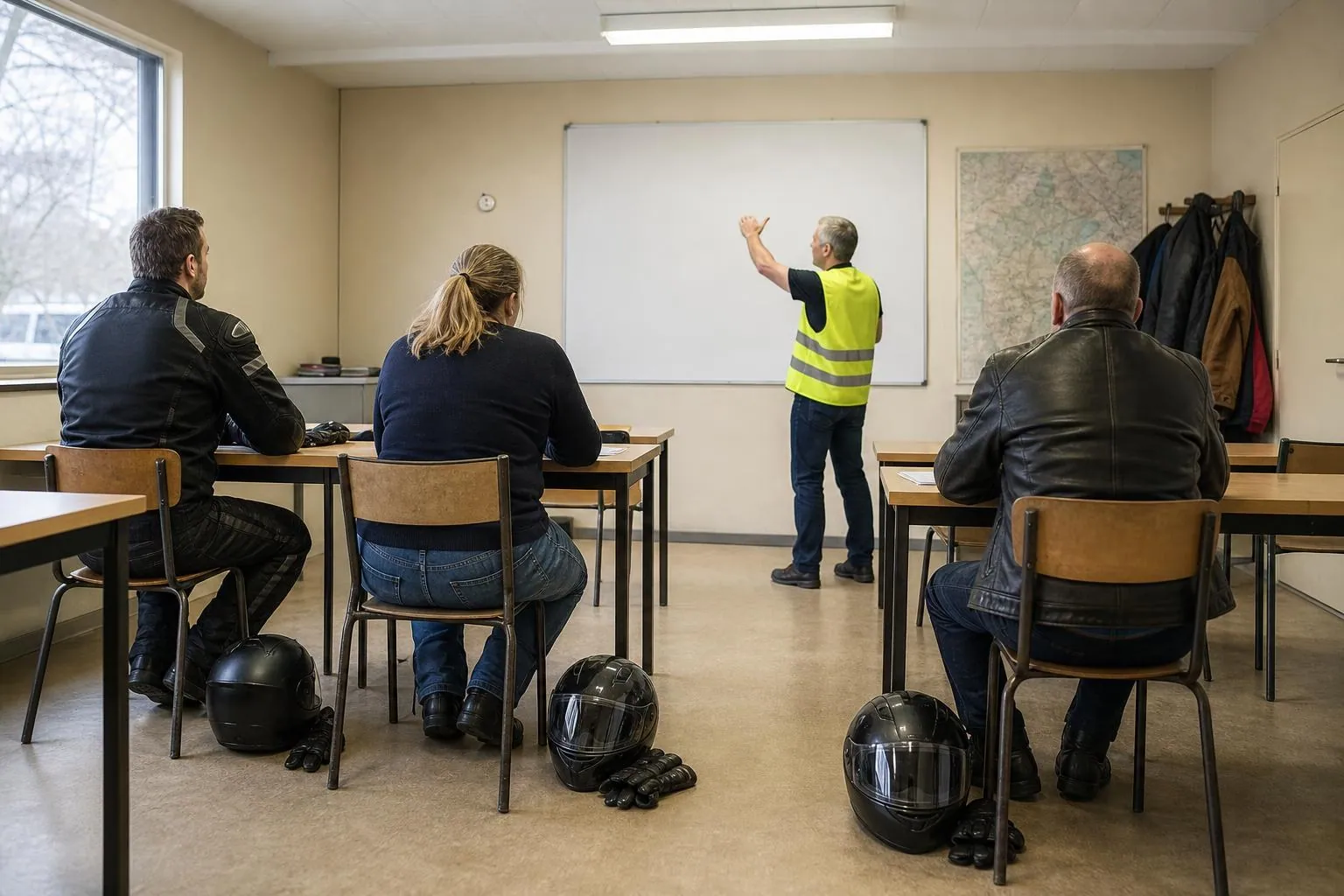 Trois stagiaires assis dans la salle de cours d’une moto école, casques posés à leurs pieds, face à un formateur debout