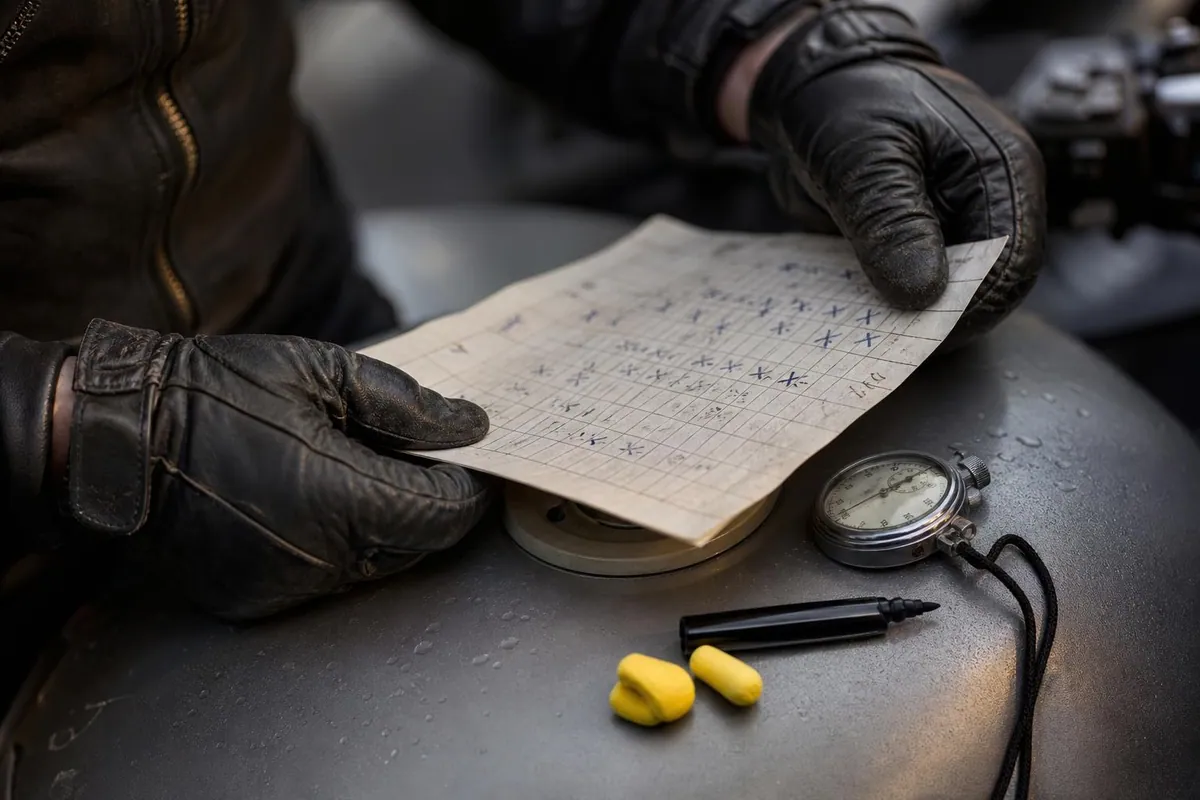 Mains gantées de cuir tenant une feuille de parcours plateau quadrillée et annotée au feutre, posée sur le réservoir d’une moto à côté d’un chronomètre à aiguille et de bouchons d’oreilles jaunes