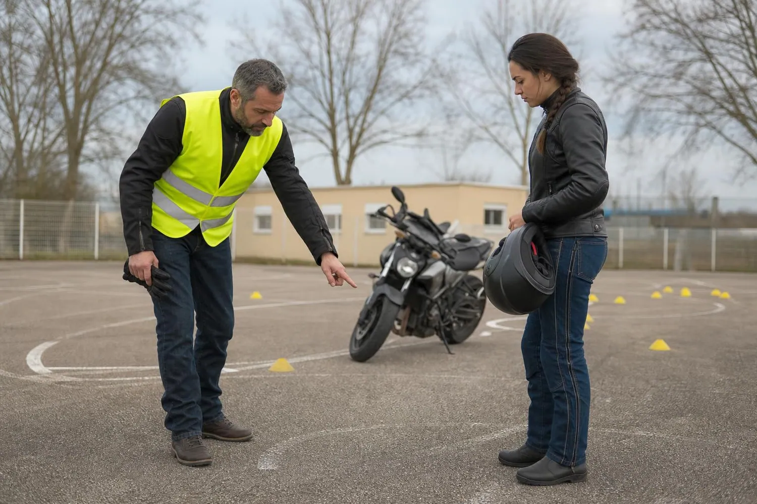 Enseignant moto en gilet jaune haute visibilité montrant du doigt le marquage au sol à une élève casque sous le bras, sur une piste plateau jalonnée de plots jaunes